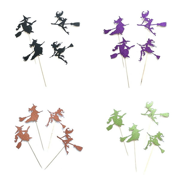 12 piezas de forma de bruja Cake Toppers de Halloween bruja escoba Magdalena Selecciones Toppers decoración del partido (color mezclado, como se muestra)