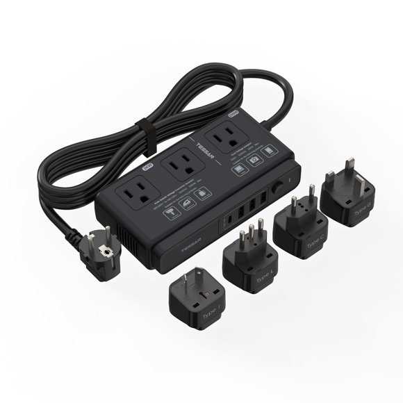 Convertidor de voltaje TESSAN de 220 V a 110 V con 4 salidas USB y 3 AC