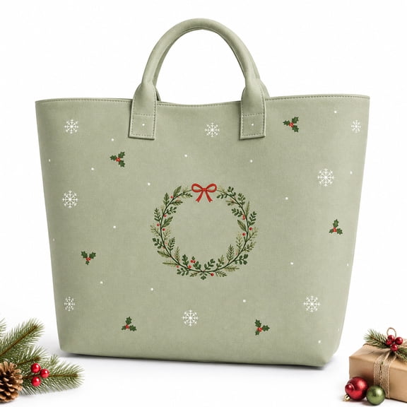 Fmbmuo Christmas Wreath Tote Bag for Women Green with Snowflake Holly Print, Reusable Holiday Shopping Handbag