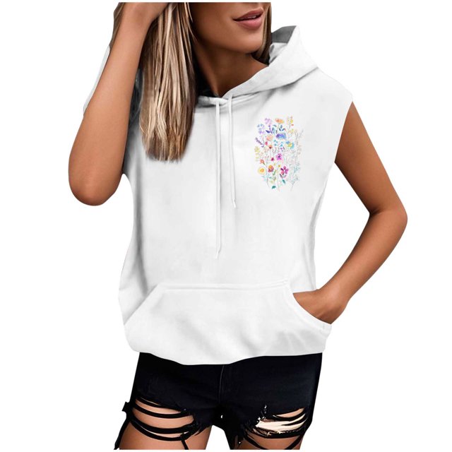Sombrero Superior para las Mujeres Manga Corta Delantera Y Trasera Impresa Cuerda de Bolsillo con Capucha Sudadera Superior, Desgaste Casual Toda la Temporada