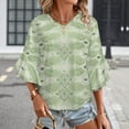thumbnail image 3 of Sage Green Patterned Textile Women's V-Neck Blouse With 3/4 Ruffled Bell Sleeves Casual Top Ladies Blouses, 3 of 7