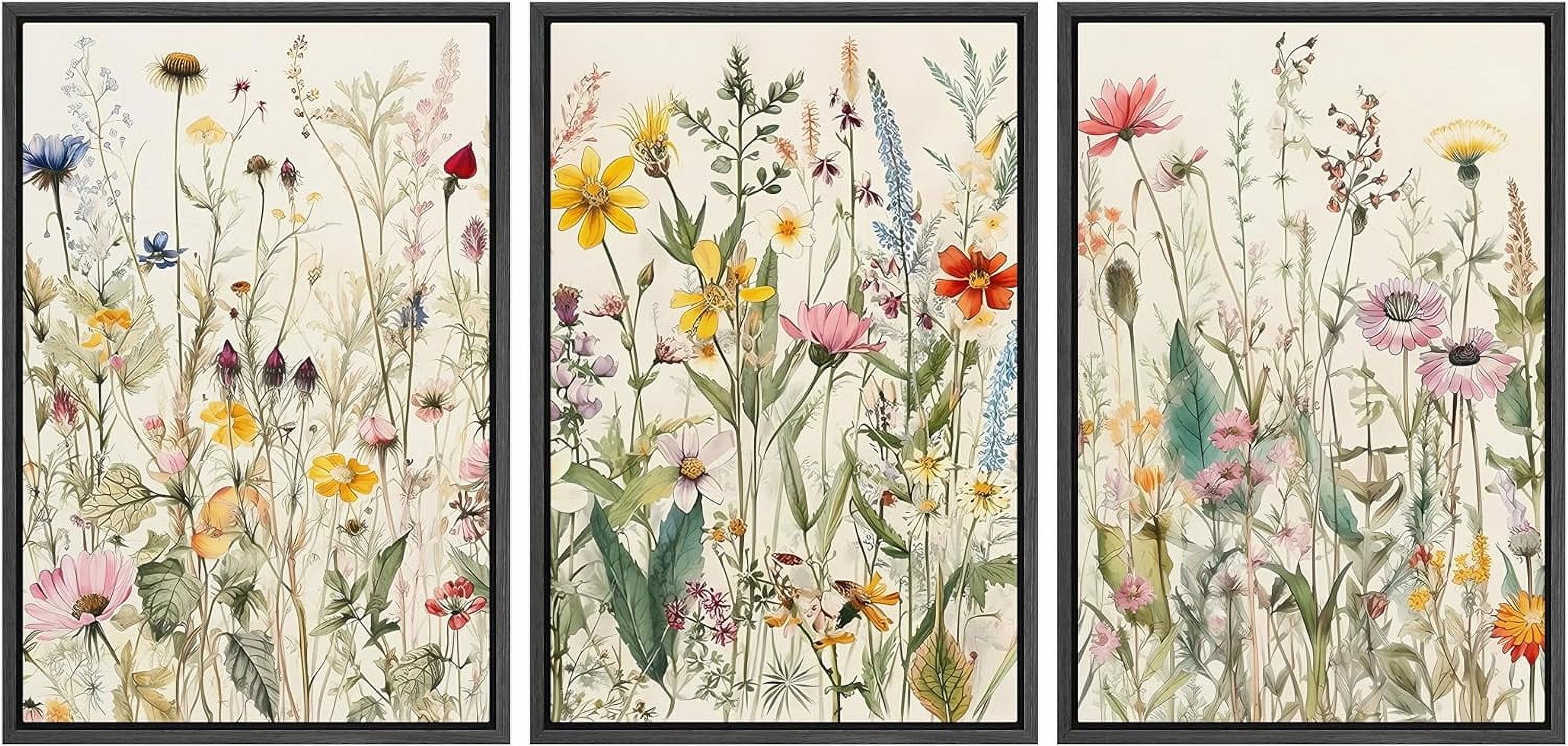 IDEA4WALL Framed Canvas Print Wall Art Set of 3 Multicolor Wildflowers Garden Floral Painting Nature Wilderness Vintage Art Boho Retro Wall Decorative Artwork for Rooms - Black 16"x24"x3
