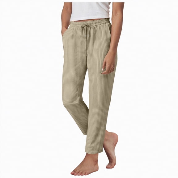 Duqingm Summer Pants for Women Women Casual Drawstring Elastic Waist Striped Wide Leg Pants with Pockets Khaki,S