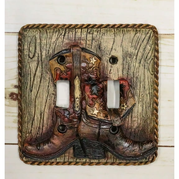 Set of 2 Rustic Western Cowboy Boots Faux Wood Wall Double Toggle Switch Plates