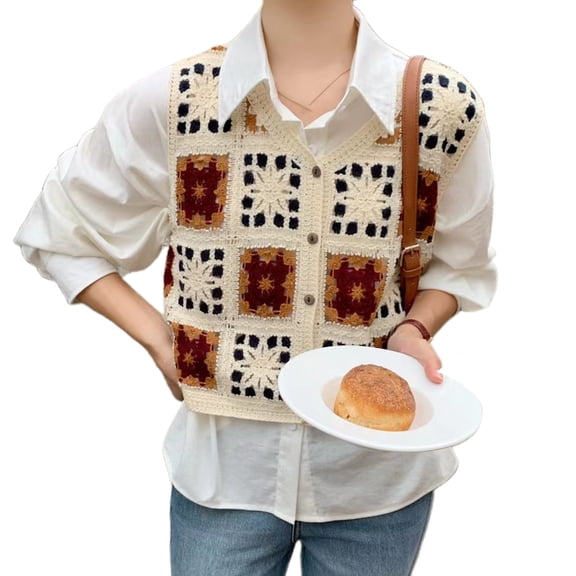 Yokua Boho Flowers Summer Crochet Vest Tops Hollow Out Button Waistcoats for Female