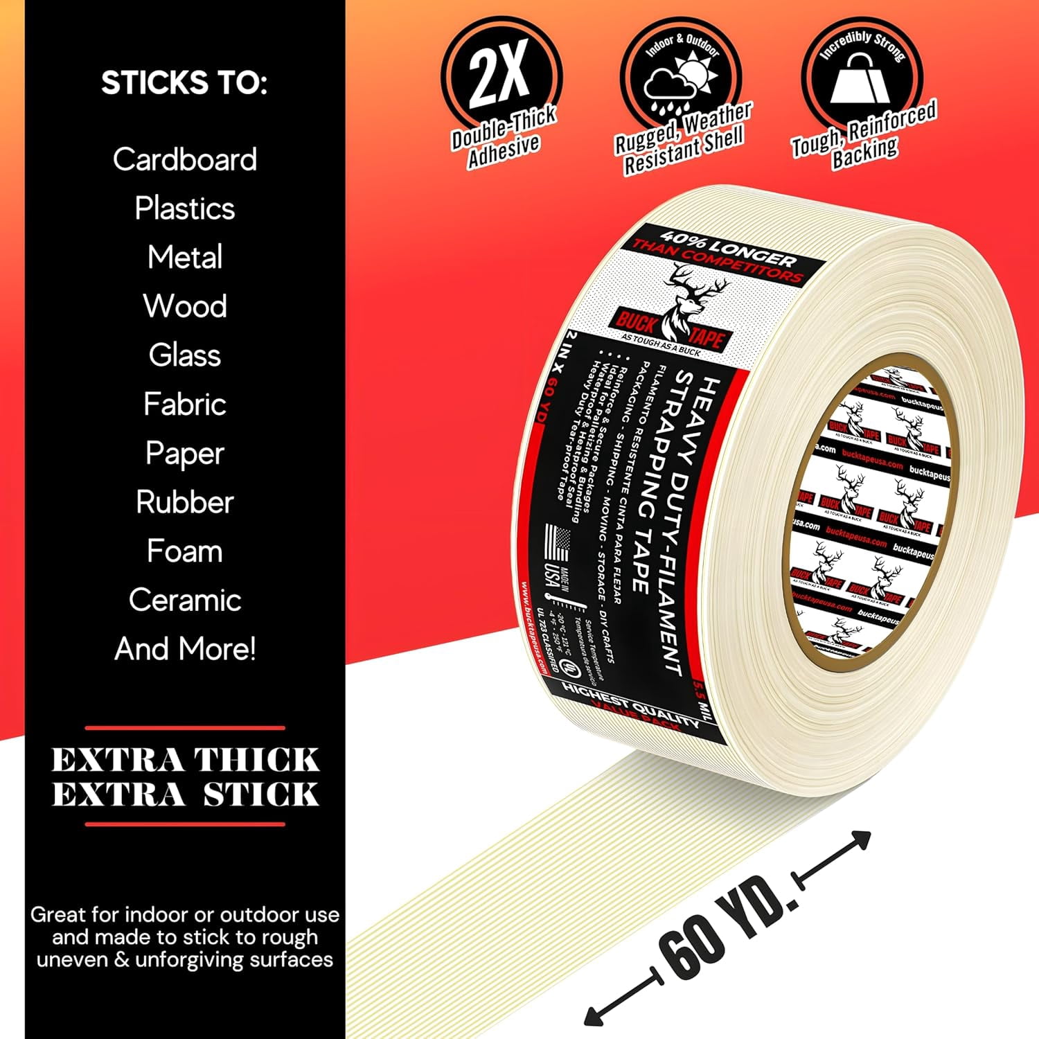 6 Pack Buck Strapping Tape 2 Inch x 60 Yds (180ft) - 5.5Mil Thickness, Heavy Duty Industrial Grade Mono Directional Fiberglass Reinforced Filament Tape with Synthetic PET Adhesive for Secure Packing
