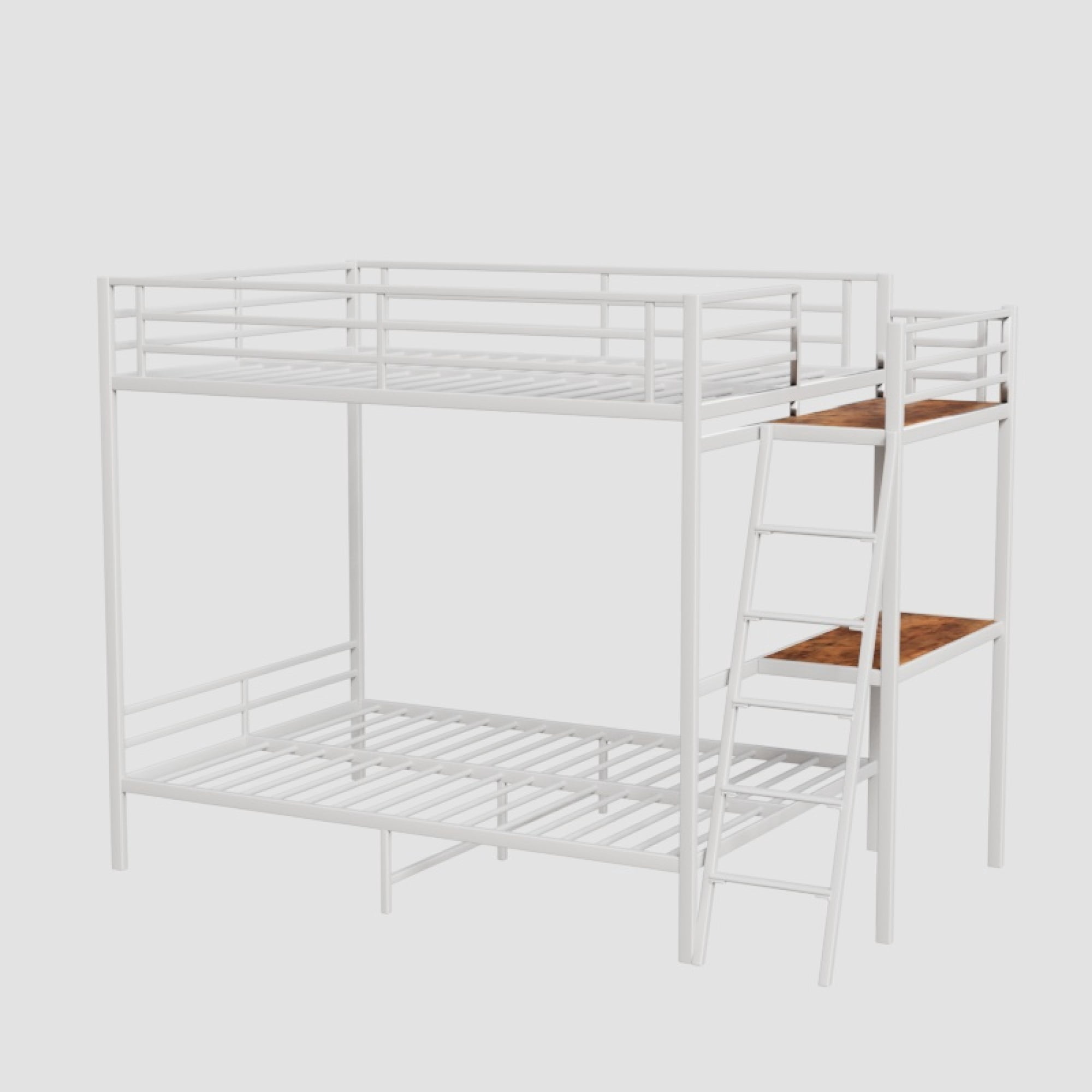 Leumius Full over Full Bunk Bed with Desk,Metal Bed Frame with Full Length Guardrails and Ladders, White