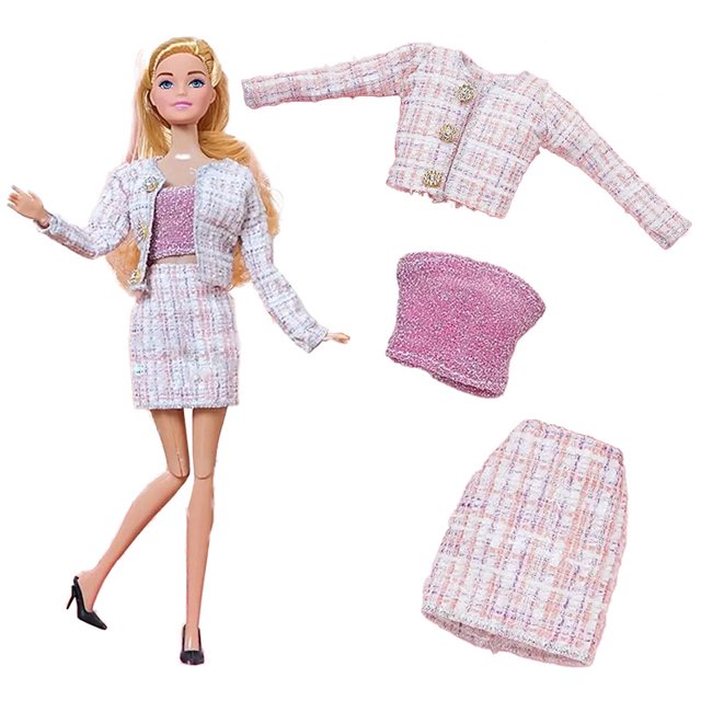 Ropa de muñeca para Barbies, traje diario, abrigo de felpa, chaqueta, vestido, sombrero, suéter, pantalones, pendientes, collar, Barbie, juguete para niña, 1 Juego(Not Include Doll V