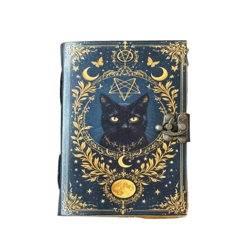 Handmade Leather Journal with Mystical Black Cat Design – 5x7 inch Vintage Notebook, 200 Handmade Paper Pages, Metal Clasp, Witchy Moon & Stars Artwork