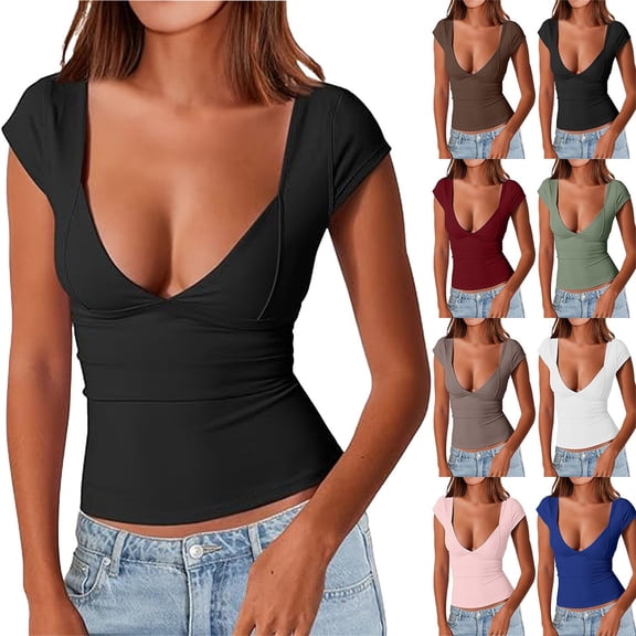 Women's V Neck Short Sleeve Tee Seamed Cup Design Double Layer Going Out Top