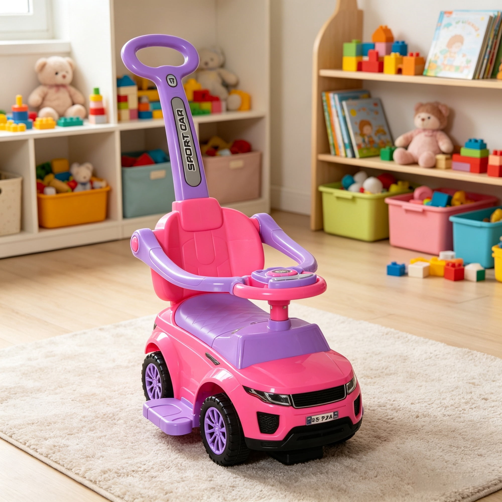 3-in-1 Kids Ride-On Push Car, Stroller Sliding Car with Horn, Music, Lights & Secure Bar, Toddler Toy for 18-36 Months Old, Pink