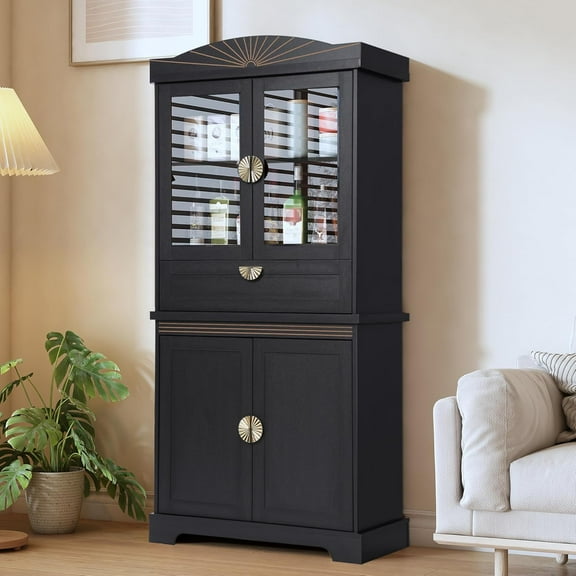 67" Tall Kitchen Storage Cabinet, Farmhouse Pantry Cabinet with Doors, Drawer and Adjustable Shelves, Freestanding Cupboard Wood Pantry for Kitchen, Dining Room Bathroom (Retro, Black)