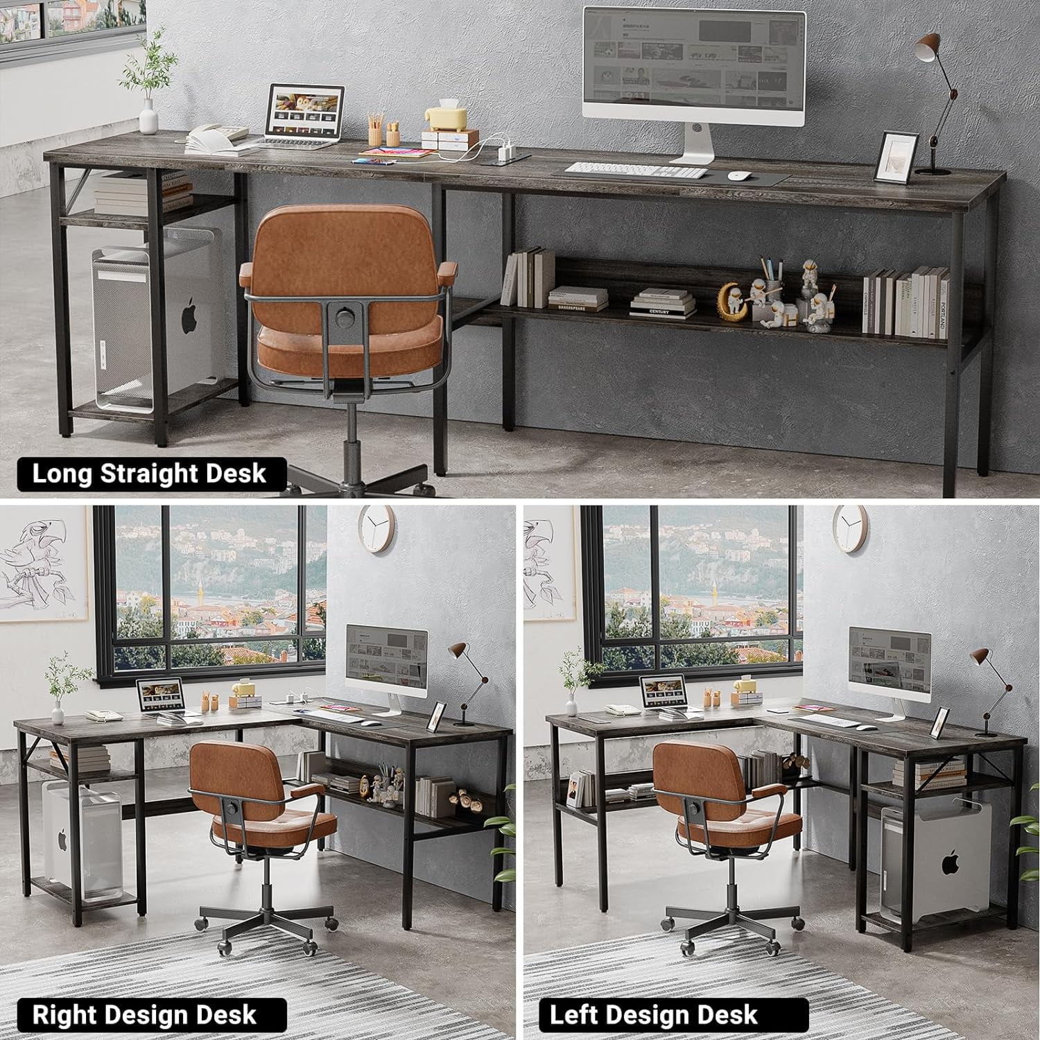 iSunirm Home Office L Shaped Desk with Magic Power Outlets and USB Charging Ports, 50.4"D x 42.5"W x 29"H, Storage Shelves, Reversible L Shaped Desk, Both Suitable for Students&Adults, Oak