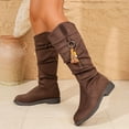 thumbnail image 3 of Boho Ethnic Slouchy Knee High Boots for Women 2025 Fringe Suede Slouch Low Heel Wide Calf Tall Boots Brown Size 6.5, 3 of 8