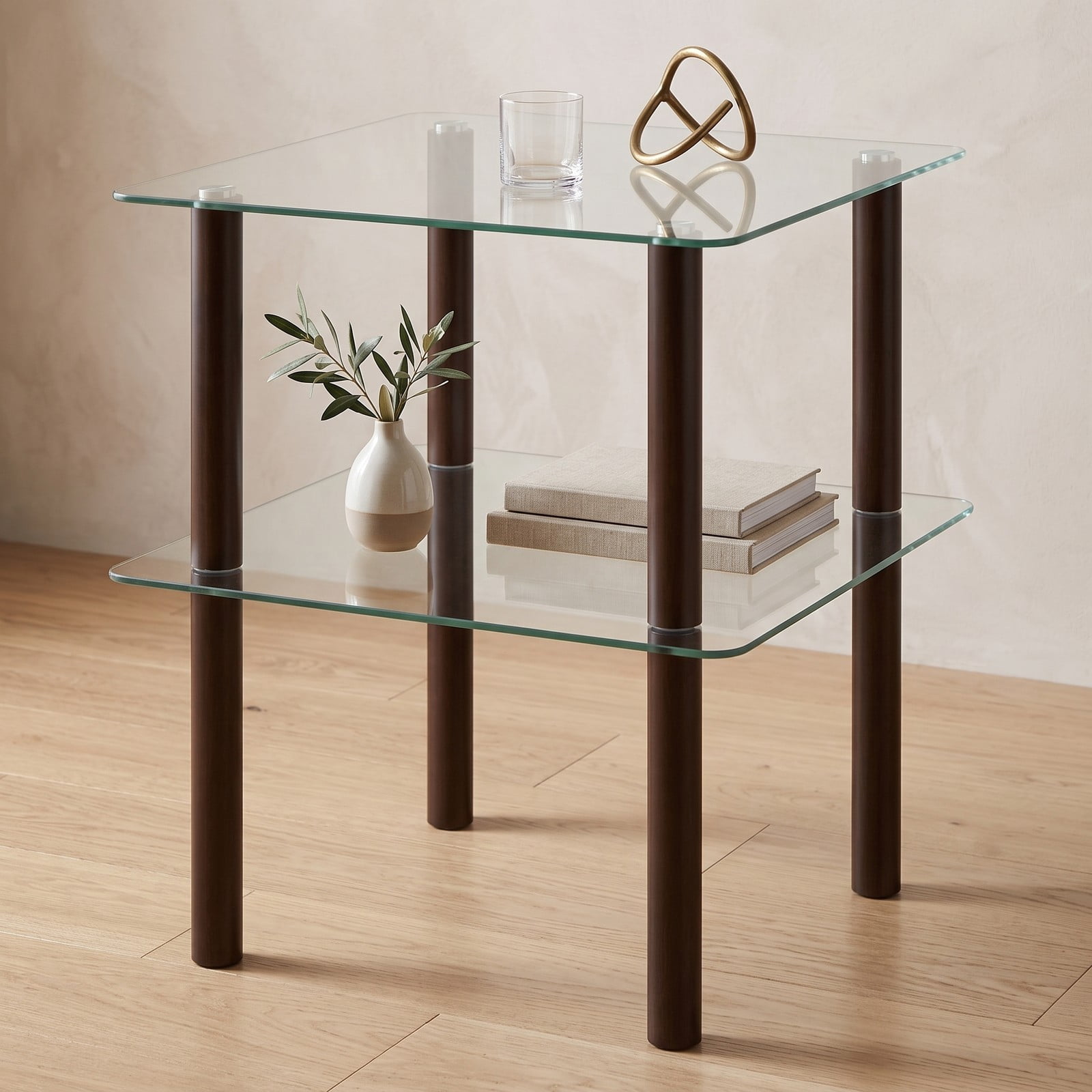 Furnibear 2-Tier Square End Table with Clear Tempered Glass Top and Shelf, Solid Rubber Wood Side Table for Living Room Bedroom, Round-Edge Sofa, Clear & Brown