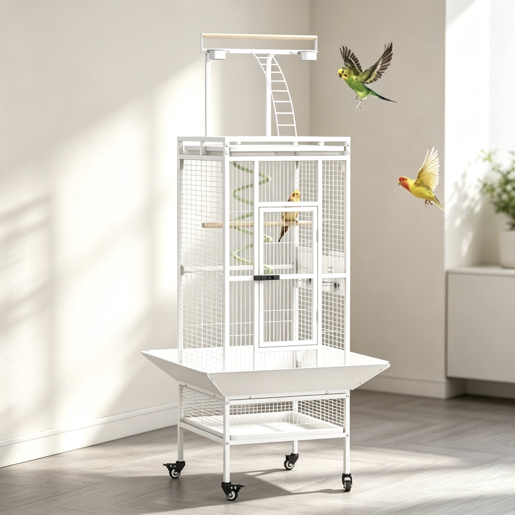 CANVORA 61 Inch Large Bird Cage with Rolling Stand, Heavy-Duty Wrought Iron Birdcage with Ladder, Playtop Parrot Cage for Parrots, Cockatiels, Budgies, Lovebirds, Small/Medium Birds