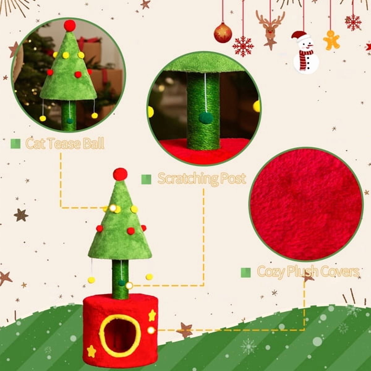 30in Christmas Cat Tree with House & Scratching Post - Red & Green Cat Tower with Hanging Balls for Kittens & Small Cats