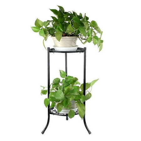 Metal Plant Stand Outdoor Elegant Metal Flower Stand Shelf Plant Pot Rack Holder Indoor Outdoor Black White 2-Tier ()