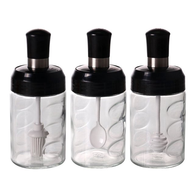 1 juego / 3PCS Tarro de vidrio para especias con cuchara de cuchara Cepillo de cocina
