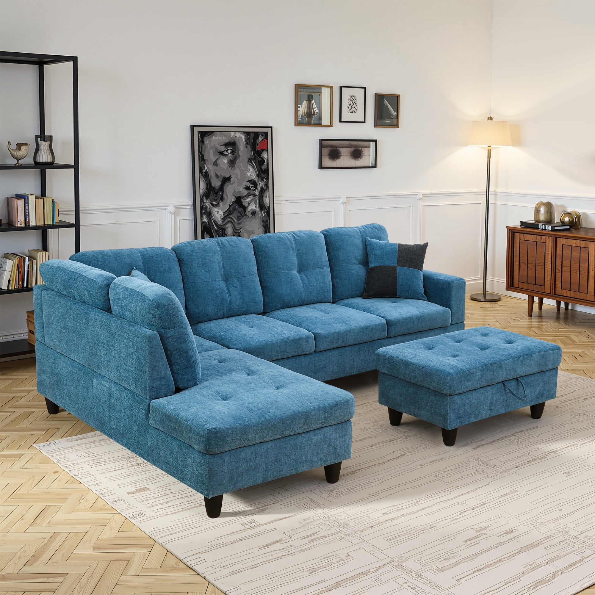 MAYEERTY Flannel 3-Piece Couch Living Room Sofa Set，Blue