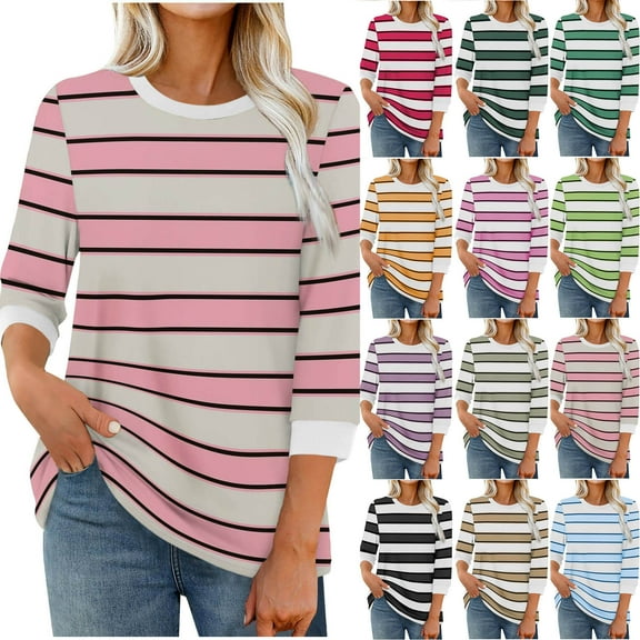 Bmawag Womens Shirts Plus Size 3/4 Sleeves Crew Neck Striped Lightweight Tops Blouses Casual Loose Women's Trendy Fashion T-Shirts Army Green XXL