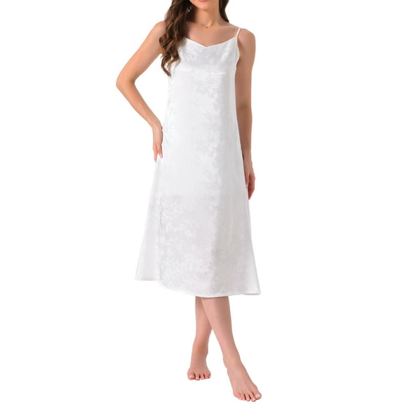 INSPIRE CHIC Womens Satin Floral Pajamas V Neck Spaghetti Strap Chemises Slip Lingerie Midi Nightgowns S White