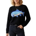 thumbnail image 2 of Women'S Fish Graphic Crew Neck Loose Long Sleeve Pullover Knit Sweater Black L, 2 of 8