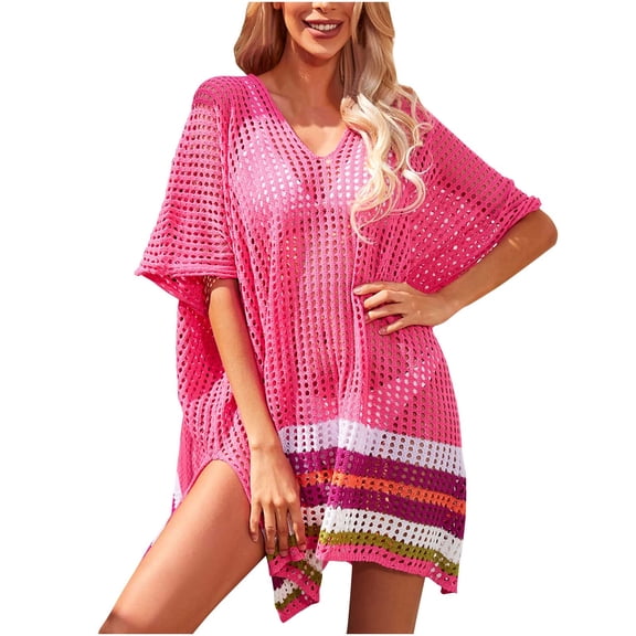 XFLWAM Women’s Bathing Suit Cover Up for Beach Pool Swimwear Crochet Dress Pink One Size