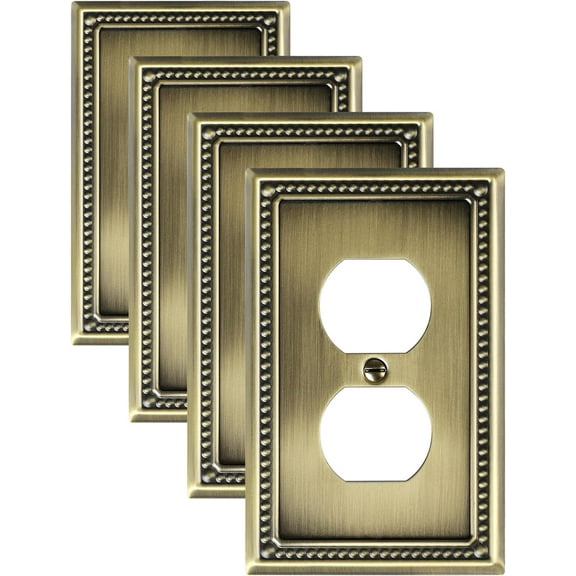 Osmanthus 4-Pack Duplex Outlet Cover Plate, Antique Brass Metal Wall Plates for Electrical Outlets, 1 Gang Receptacle Cover, Pearls Decorative Switch Plates and Outlet Covers