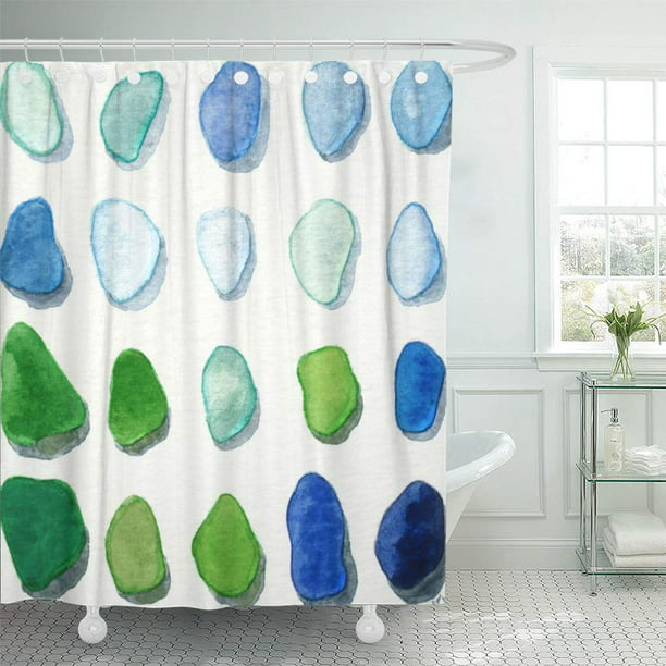 Blue Cottage Sea Glass Beach Painting, Seaglass Shower Curtain