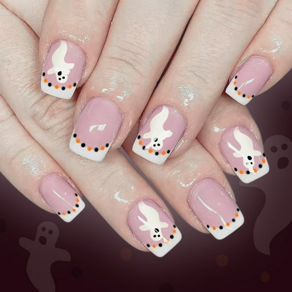 24 Pieces Halloween Faux Nails White French Tip Press On Nails With Bat Design Not Need Tools