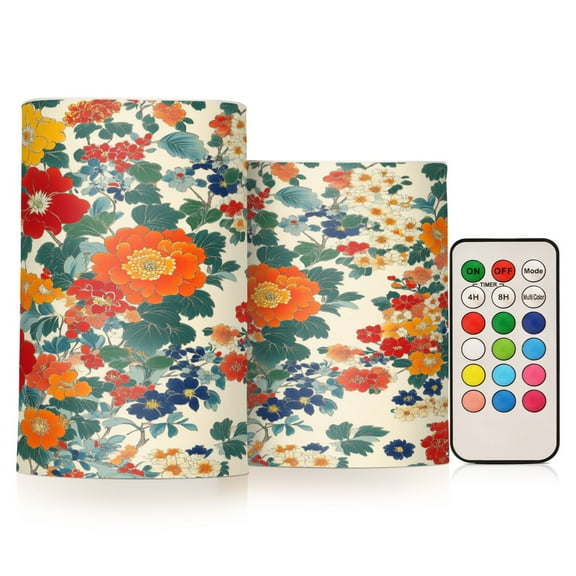 Yayeee Flameless Candles with Remote Flickering Battery Operated Multi Color Changing, Orange Japanese Flowers Pattern