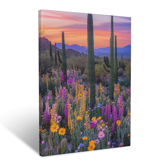 CozyNet Towering Cacti And Blooming Desert Wildflowers Under Sunset Hues Wall Art Prints With Frame Canvas Perfect for Living Room & Bedroom, Ready to Hang, Wall Decor 12"x16"in