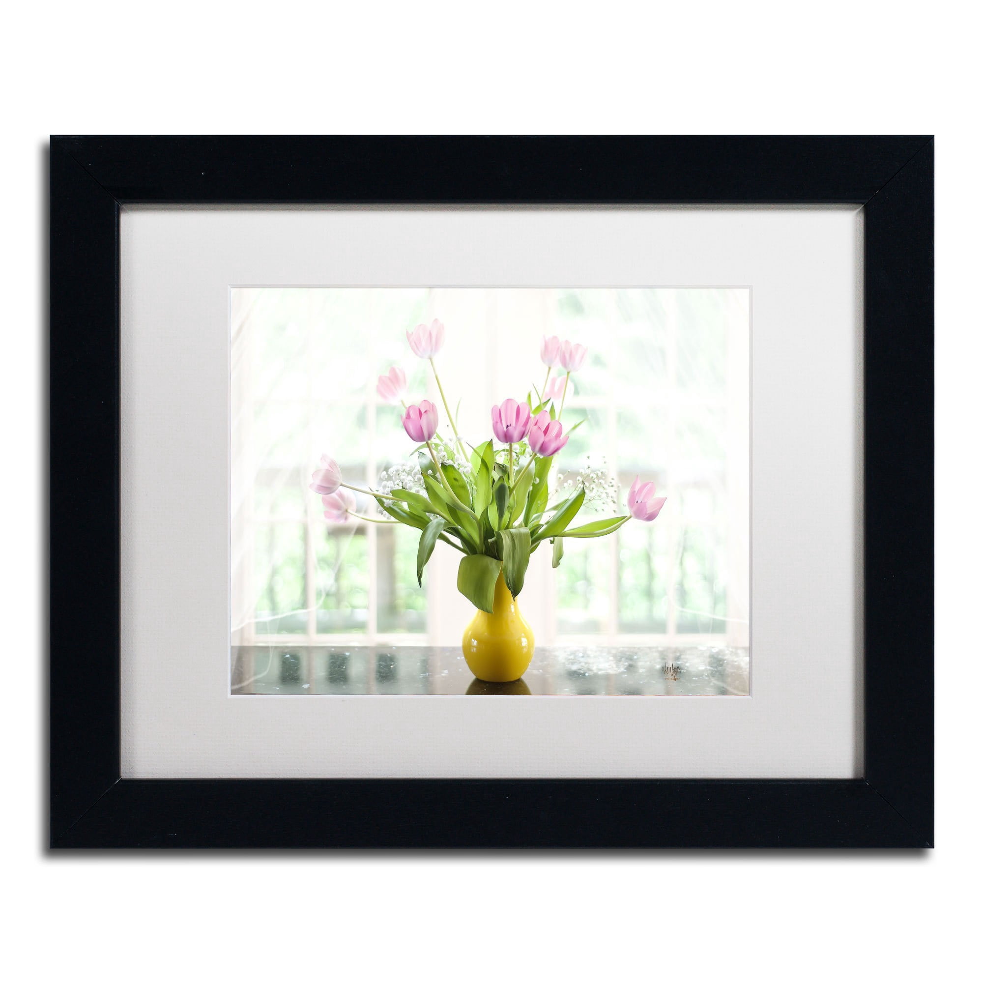 Trademark Fine Art "Pink Tulips in the Window" Canvas Art by Lois Bryan, White Mat, Black Frame