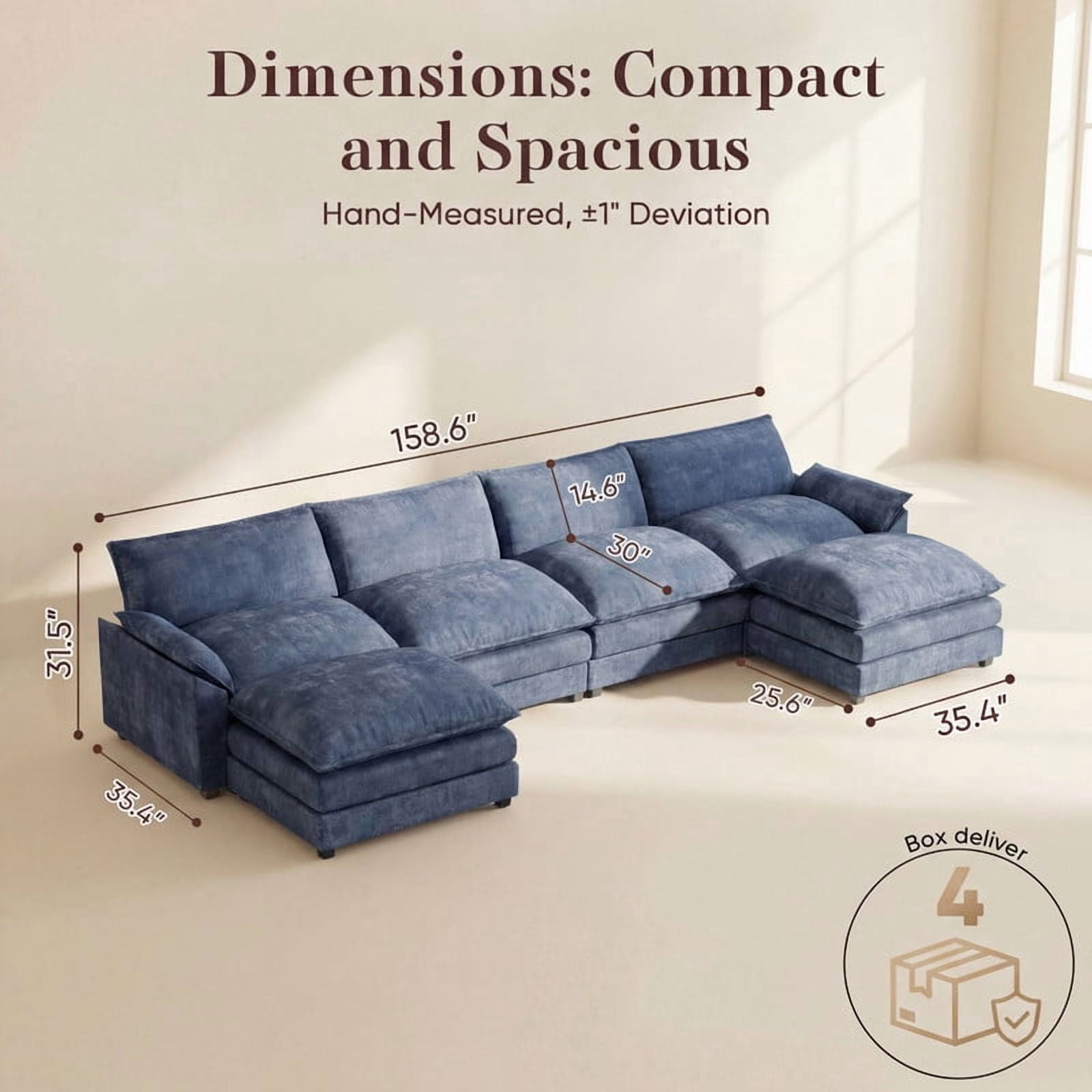 Lacoo 4-Seat Cloud Couch U-Shaped Sectional with Reversible Chair & Movable Footrest, Blue