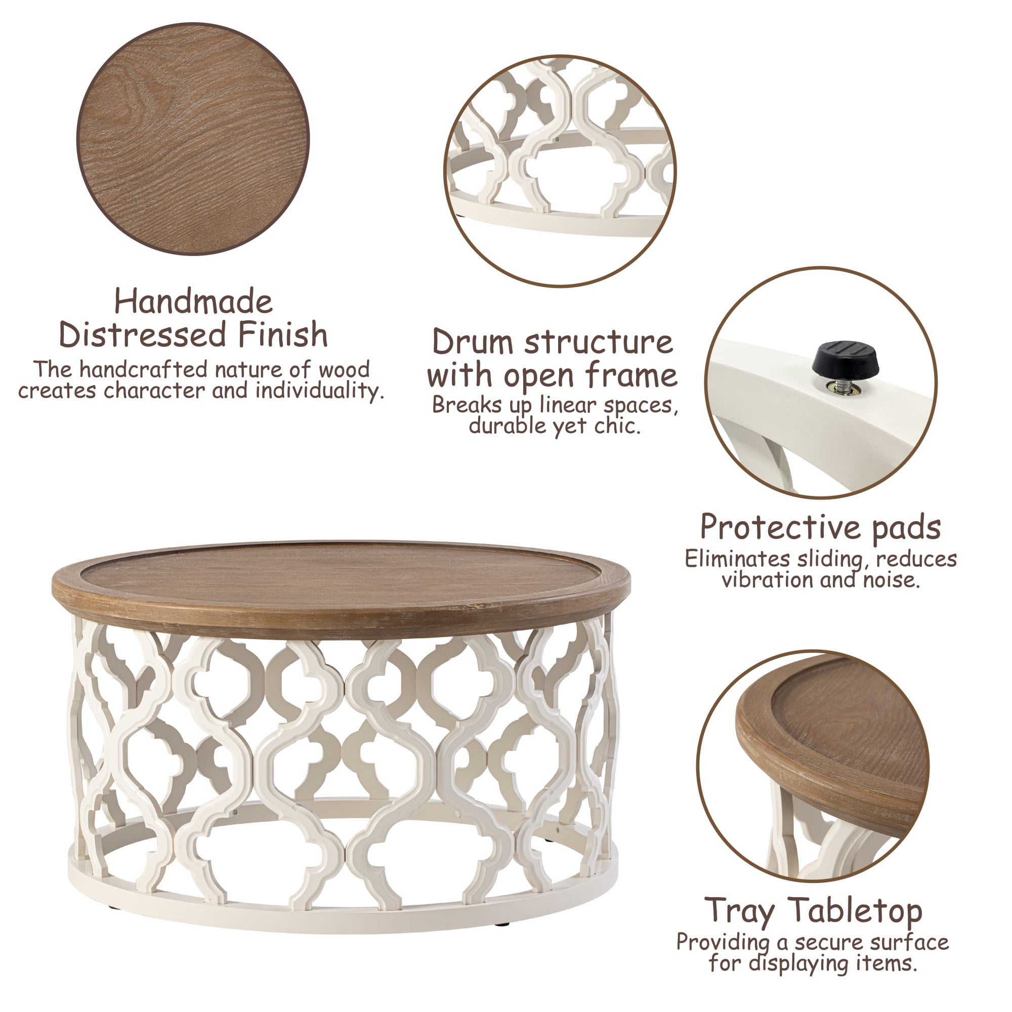 COZAYH Farmhouse Coffee Table, Distressed Tray Top Table with Curved Motif Frame Base for Boho, Rustic, French Country Decor, Round, White