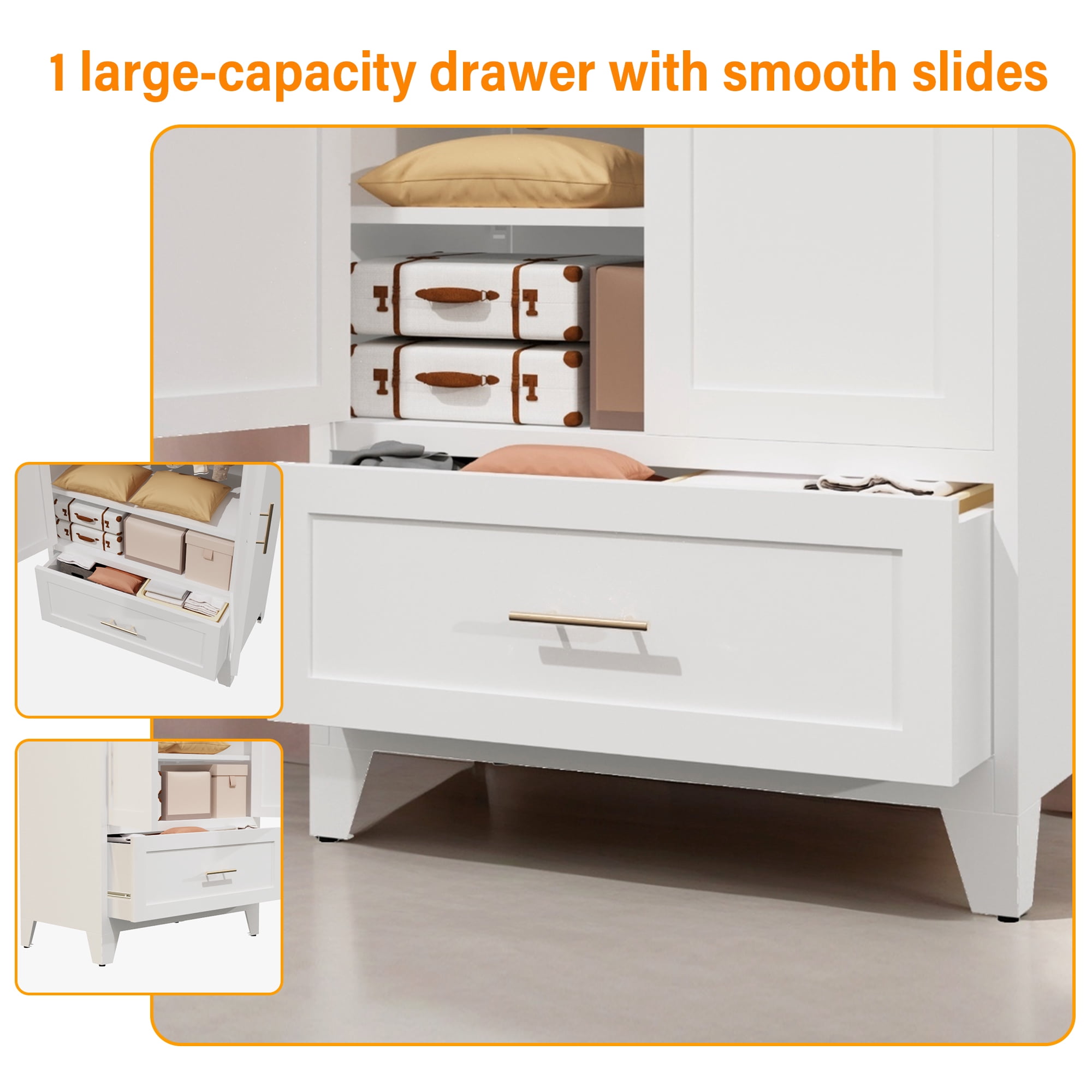 Homy Casa 60" Freestanding Armoire Wardrobe Closet with Doors, Drawer for Bedroom, White Storage Cabinet