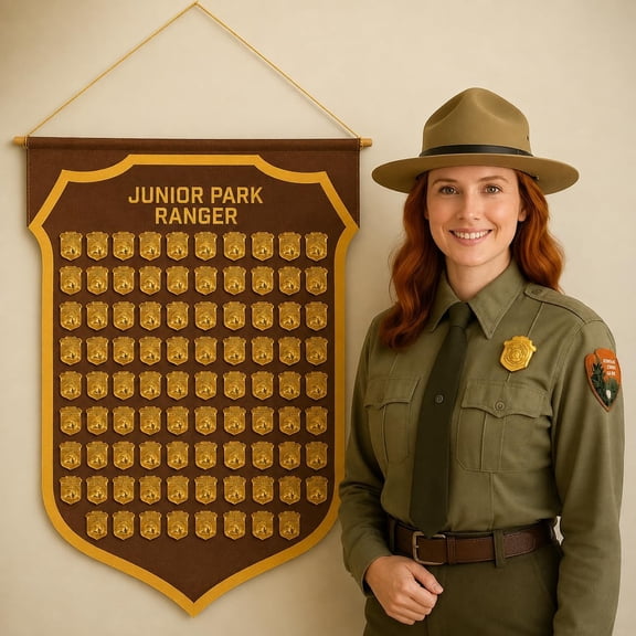 Junior Park Ranger Badge Display Banner – Felt Wall Hanging for 54 Badges, Kids National Park Souvenir Holder with Wooden Dowel –  (29.25 x 23 inch)