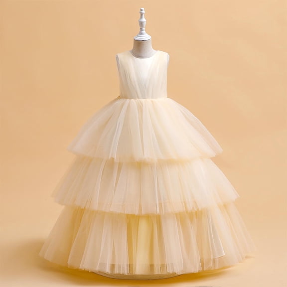 Pejock Girls Sleeveless Princess Pageant Dress - Puff Cake Skirt with Mesh Bow, Fashion Show Costume for Ages 7-14 Size 120-170