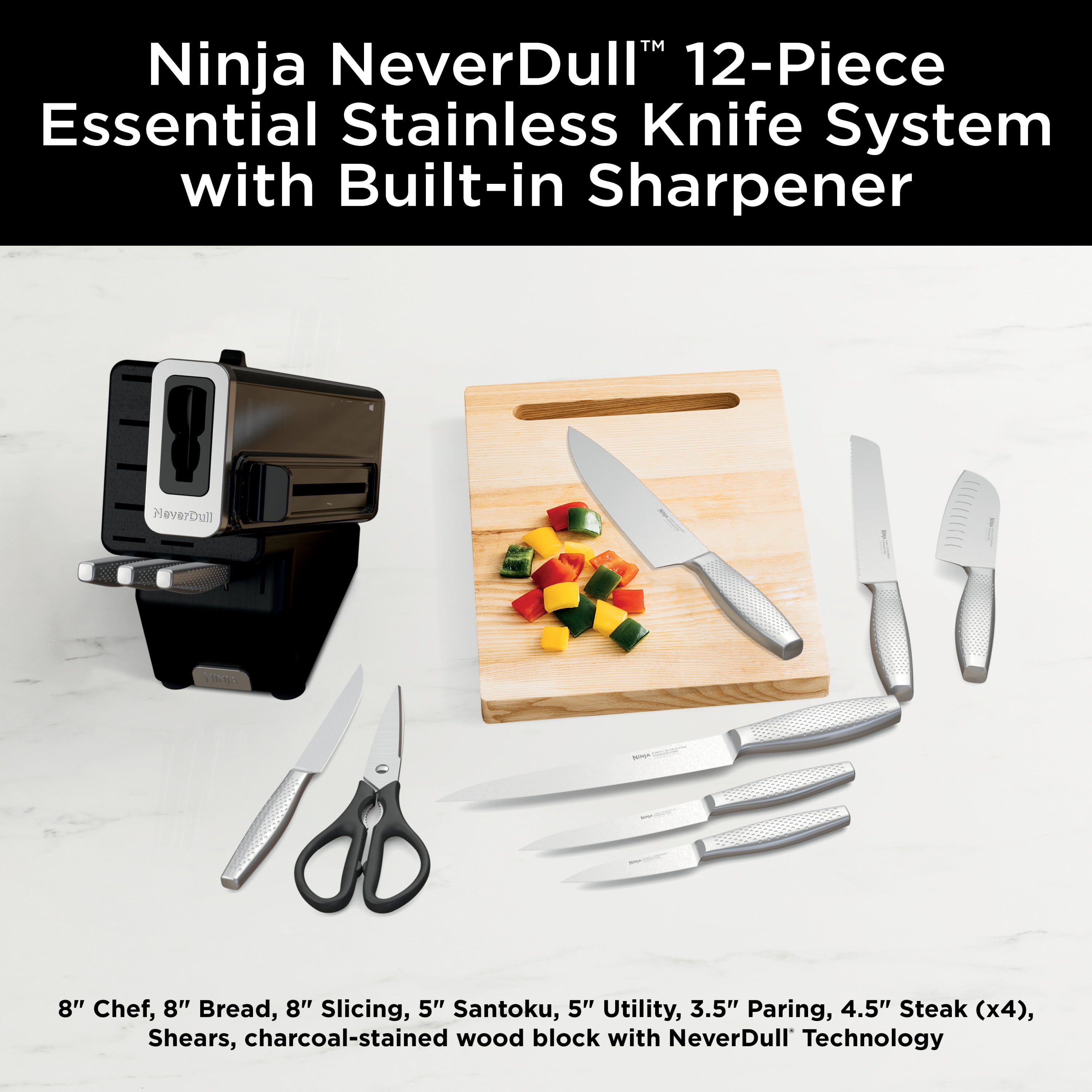  Ninja K32012 Foodi NeverDull Premium Knife System, 12 Piece Knife  Block Set with Built-in Sharpener, German Stainless Steel Knives, Black:  Home & Kitchen