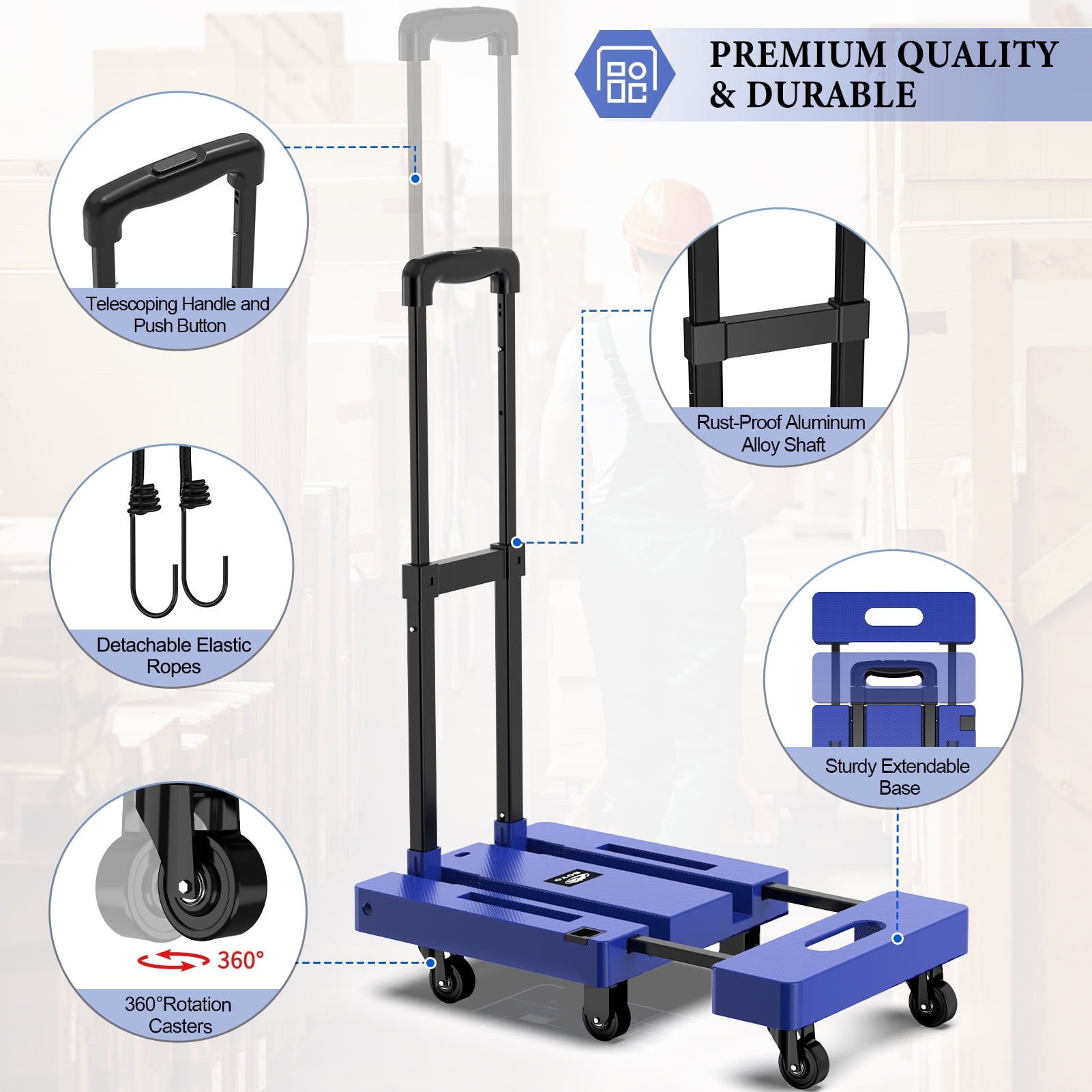 500lbs Folding Hand Truck, Heavy Duty Dolly, Portable 6 Wheels Collapsible Luggage Cart with 2 Elastic Ropes for Moving, Travel, Shopping, House Office Use, Blue