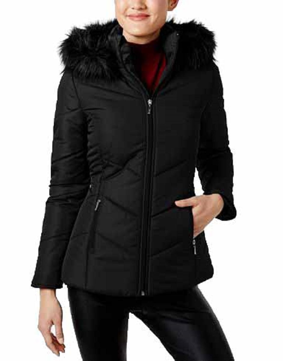 Maralyn & Me Juniors' Faux-Fur-Trim Hooded Coat (Black, Large ...