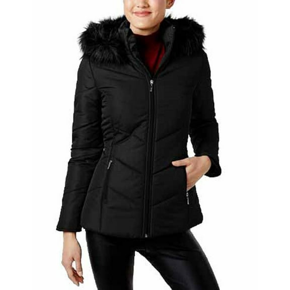 Maralyn & Me Juniors' Faux-Fur-Trim Hooded Coat (Black, Large)
