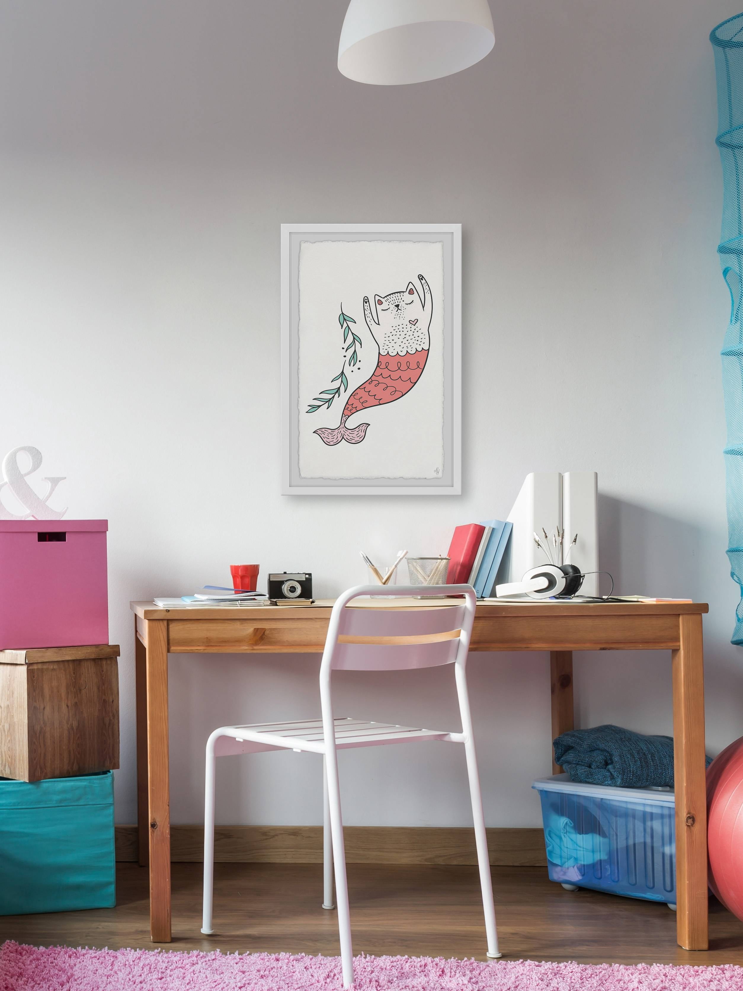 Marmont Hill Swimming Pink Purrmaid Framed Wall Art