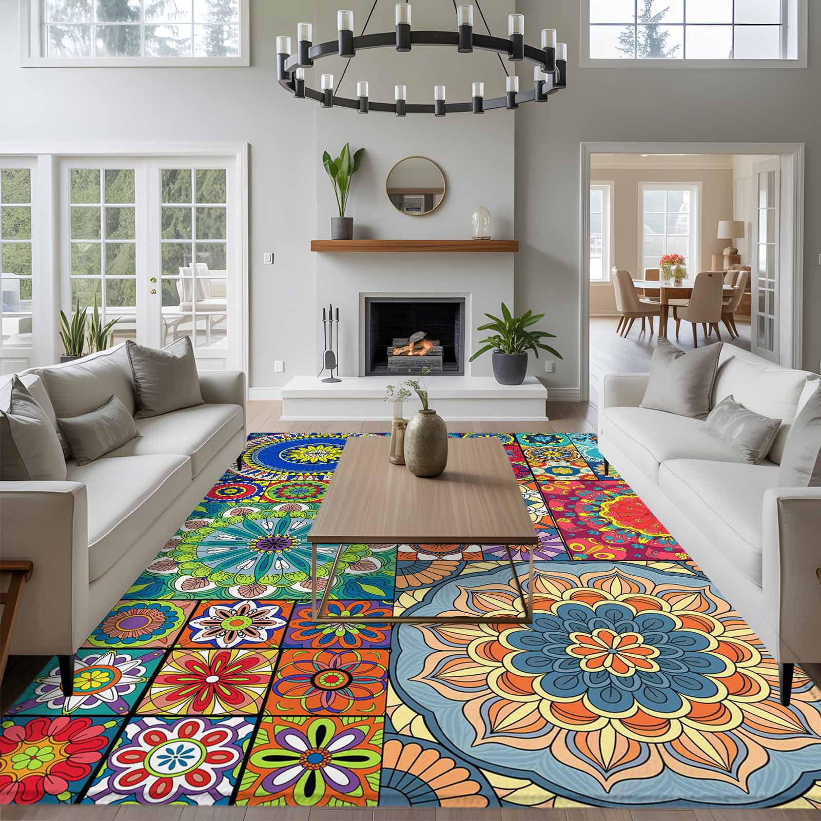 5x8 Area Rugs for Living Room, Colorful Ethnic Non Slip Area Rugs for Kitchen Bedroom Entryway, National Modern Geometric Blue Green Washable Carpet Runner Rug Floor Mats for Bedroom Home Decor