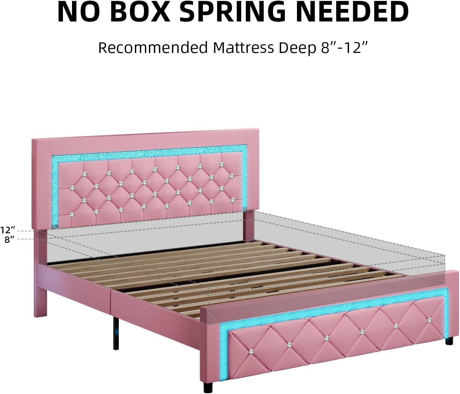 4 EVER WINNER Queen Size LED Bed Frame with Headboard，Upholstered Platform Bed Frame with LED Lights，Diamond Tufted Headboard and Footboard，Pink