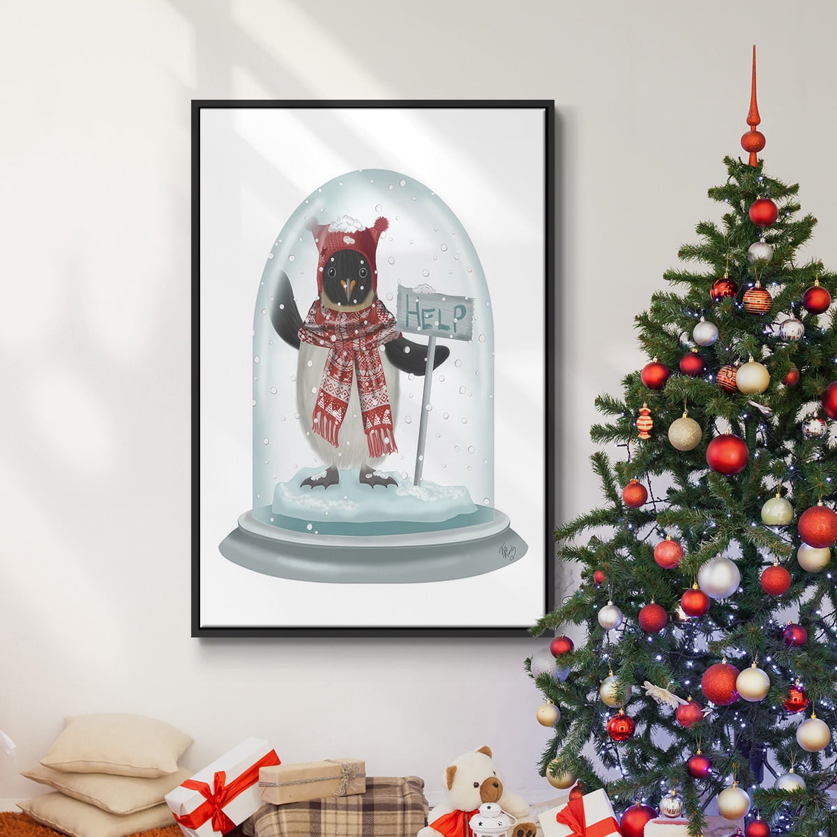 Christmas Penguin Snow Globe - Framed Gallery Wrapped Holiday Canvas - 17 x 25 - Black Frame