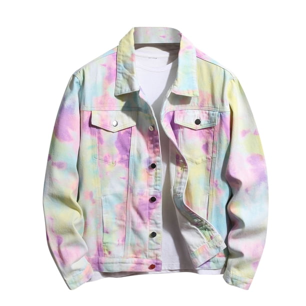 Chaqueta de mezclilla de manga larga con teñido anudado informal para hombre con bolsillos y cierre de botón Pompotops oipoqjl37599