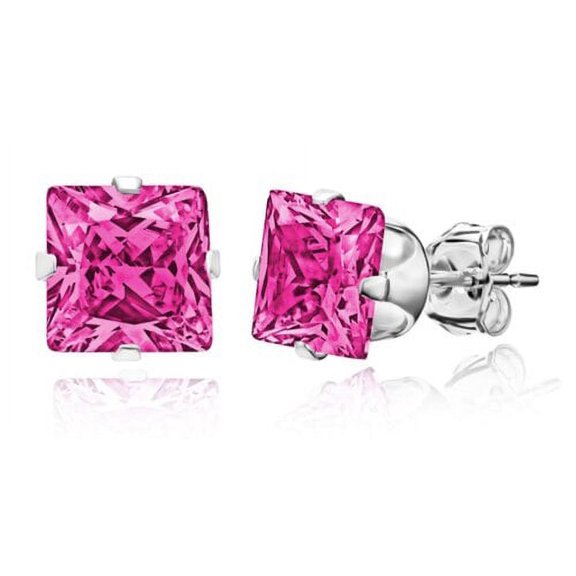 Paris Jewelry 24k White Gold 2 Ct Square Pink Sapphire Stud Earrings Plated