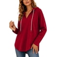 thumbnail image 3 of Hoodies for Women Zaewscy Women's V-neck Hooded Sweatshirt Long Sleeved Drawstring Hooded Pullover Casual Loose Fall And Winter Curved Hem Sweatshirt Red L, 3 of 9